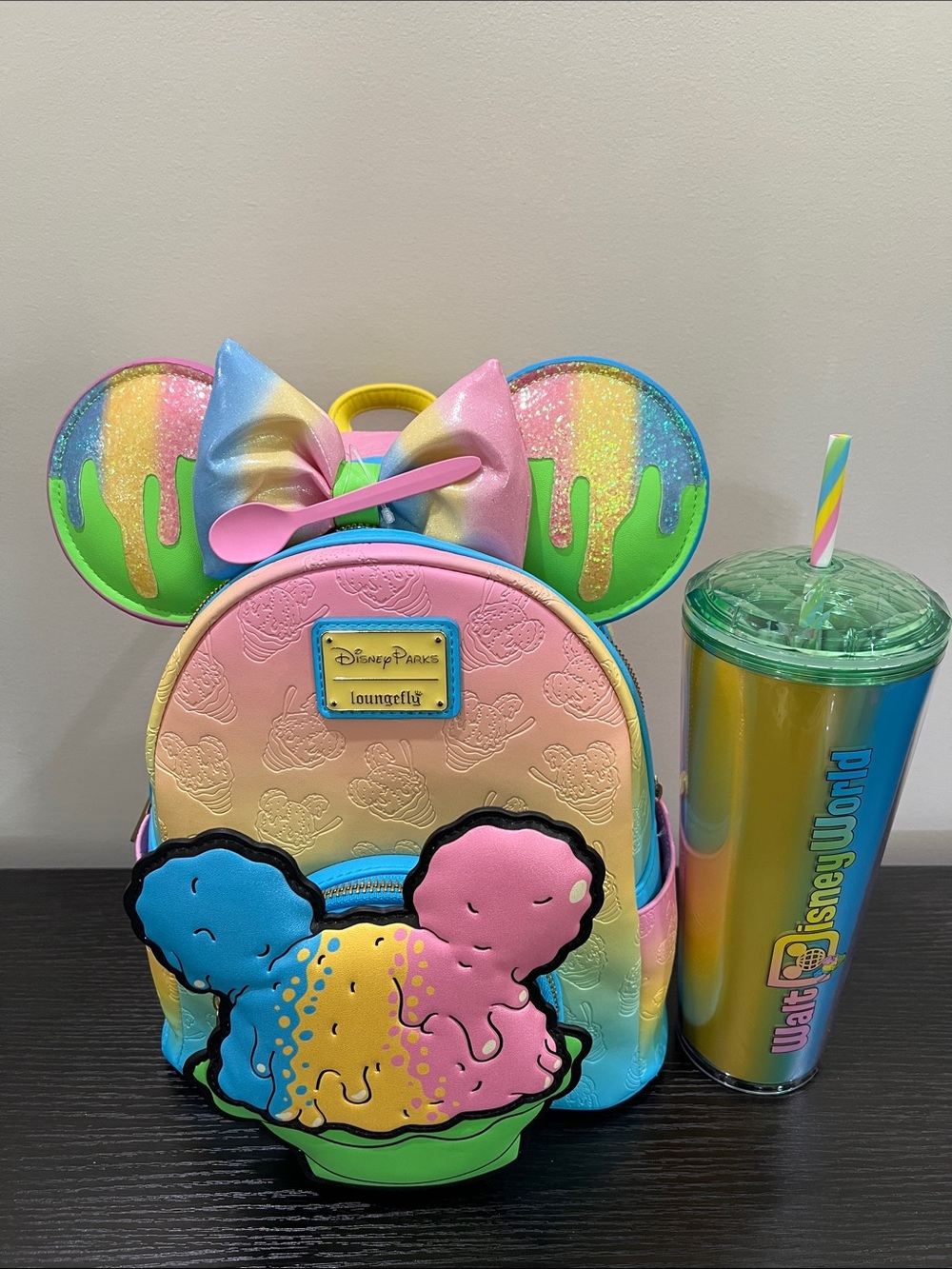 Disney Parks Loungefly Rainbow Ice Cream Minnie Ears, backpack and Starbucks